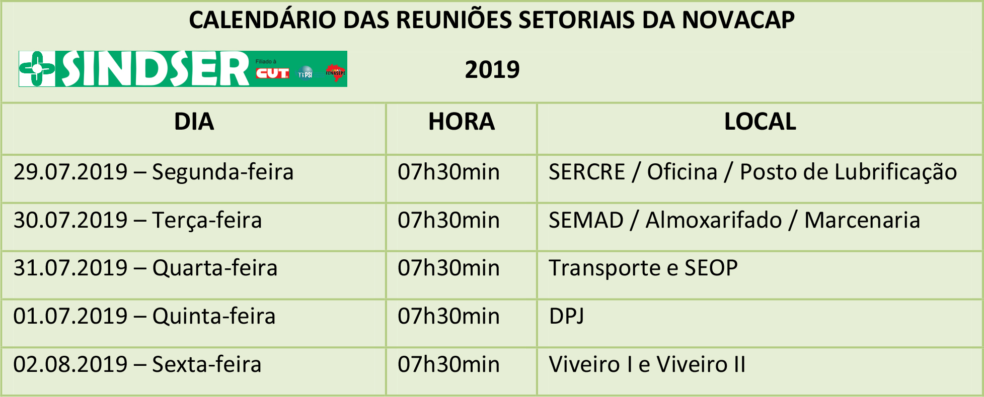 Calendário de Reuniões Setoriais da Novacap