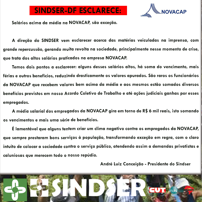 SINDSER-DF ESCLARECE: Salários acima da média na NOVACAP, são exceção.