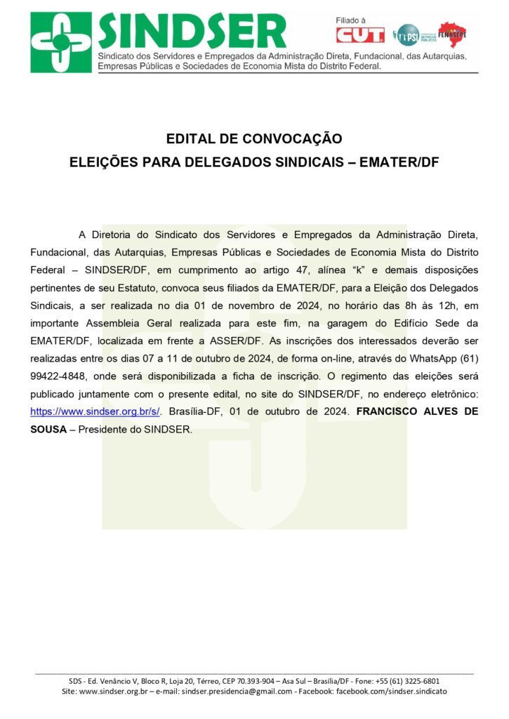Edital de Convocação - Eleições para Delegados Sindicais - EMATER/DF